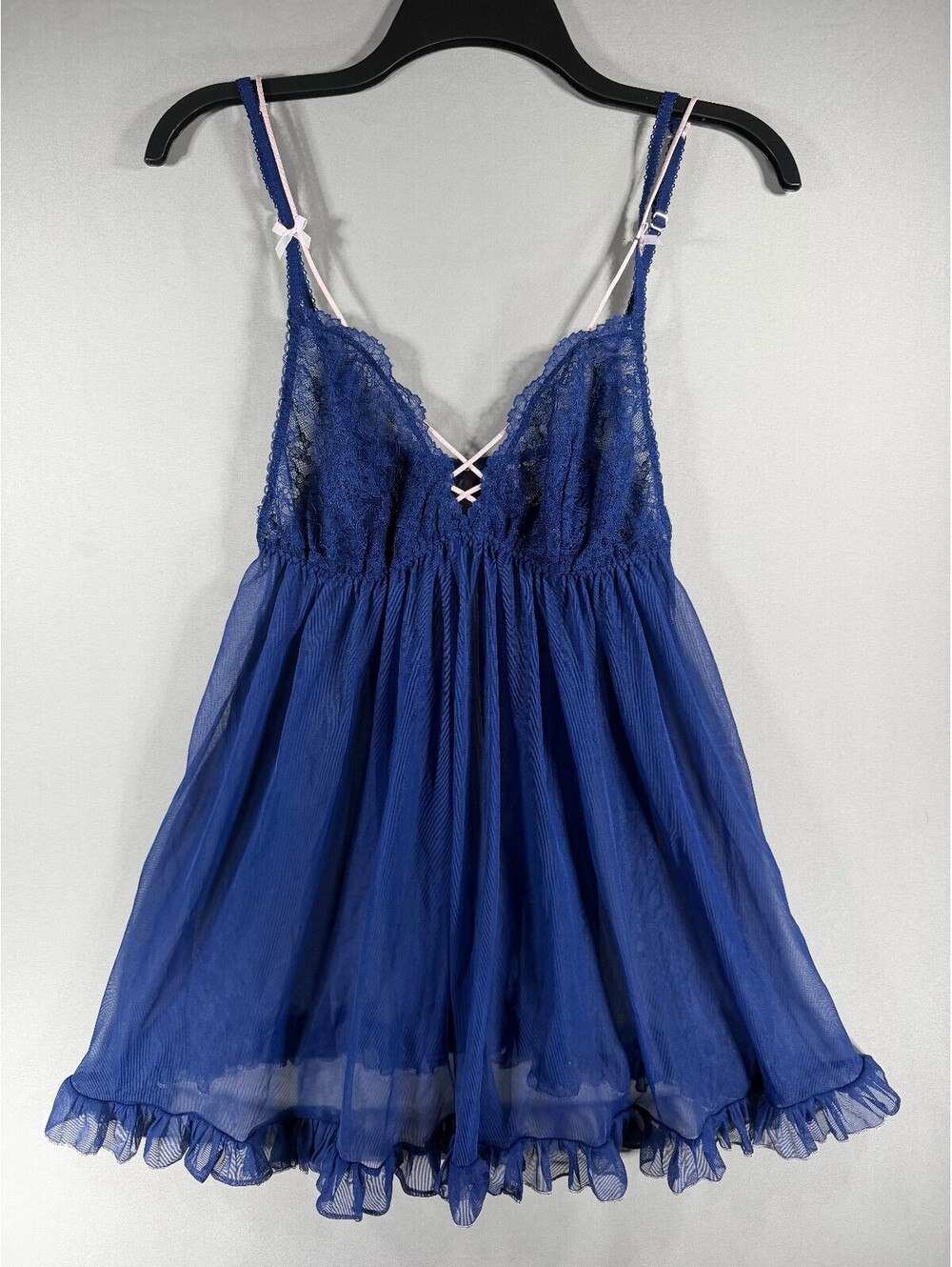 Victoria's Secret Navy Blue Lace with Pink Bows Babydoll Nightie Size Large